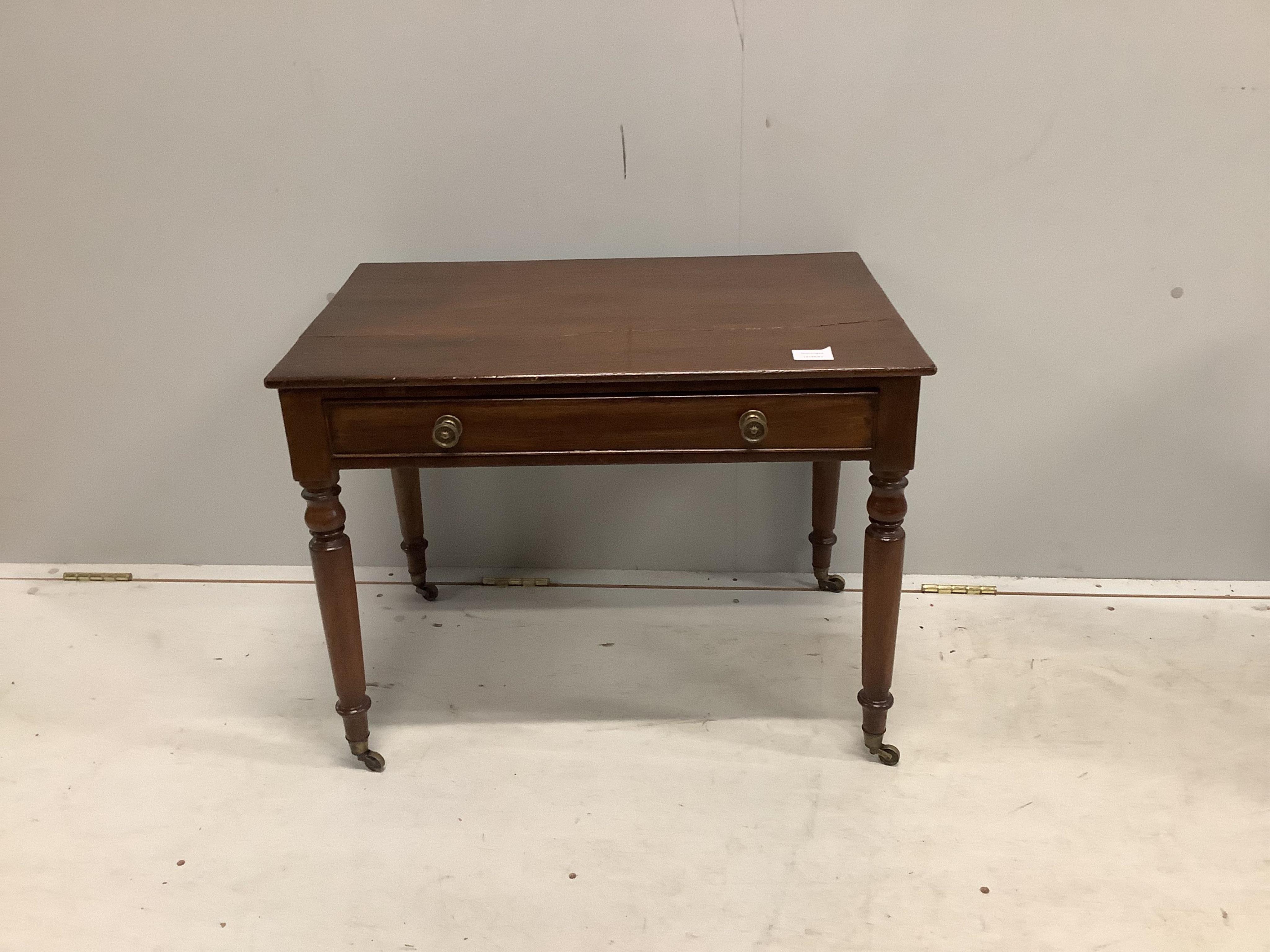 A George III mahogany child’s side table, fitted with a long drawer, width 68cm, depth 45cm, height 52cm. Condition - poor to fair